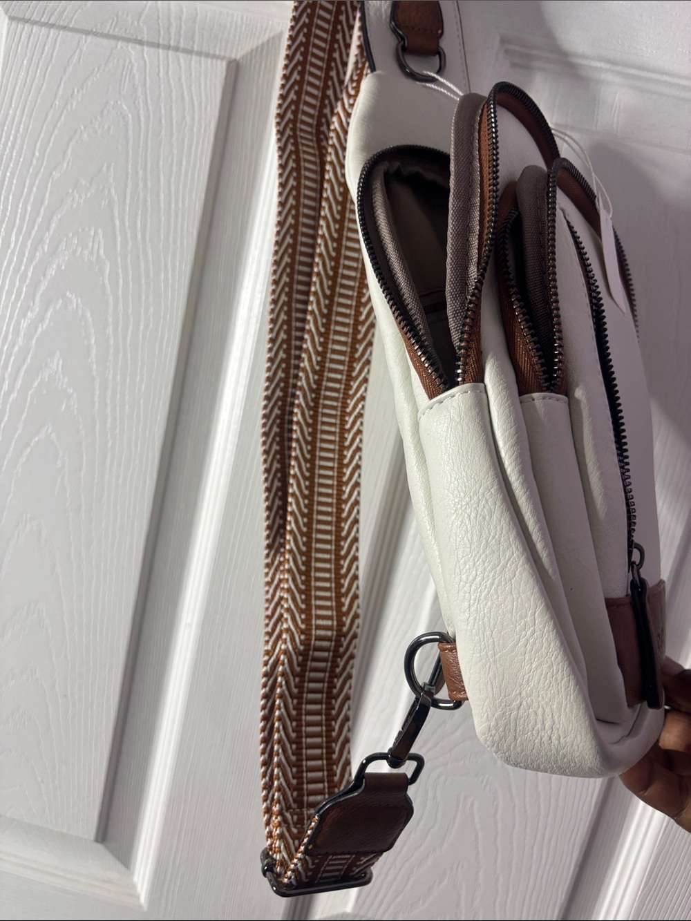 White and Brown Crossbody Sling Bag - Casual Everyday Wear - Picture 8 of 8